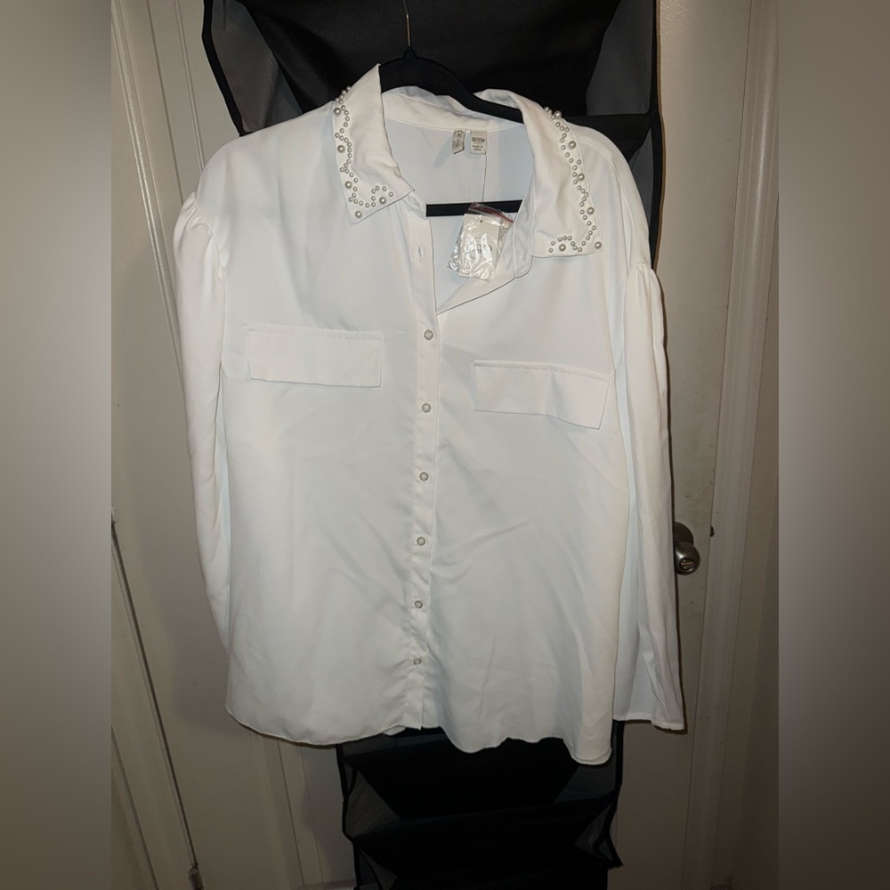 White button down with pearls